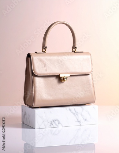Beige Leather Handbag on Marble Pedestal