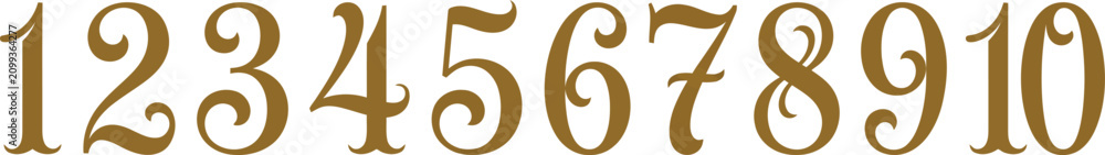 Obraz premium A close-up view of the numbers one through ten, rendered in an elegant, decorative font with a golden hue.