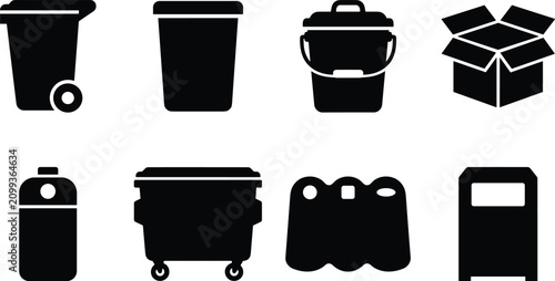 Bild auf Leinwand Set of trash can and waste bin silhouettes including dumpster and box vector ico