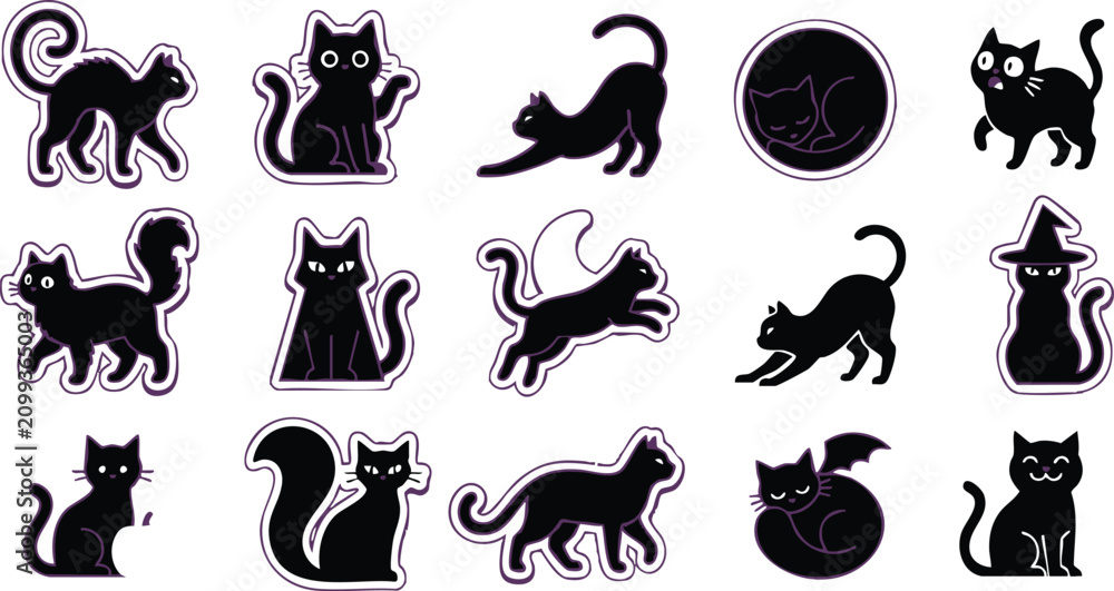 Obraz premium Black cat stickers in various poses and styles for halloween black cats cartoon feline