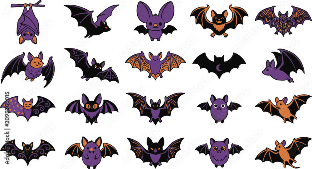 Fototapeta premium Halloween bats in various poses and colors on white background purple orange black
