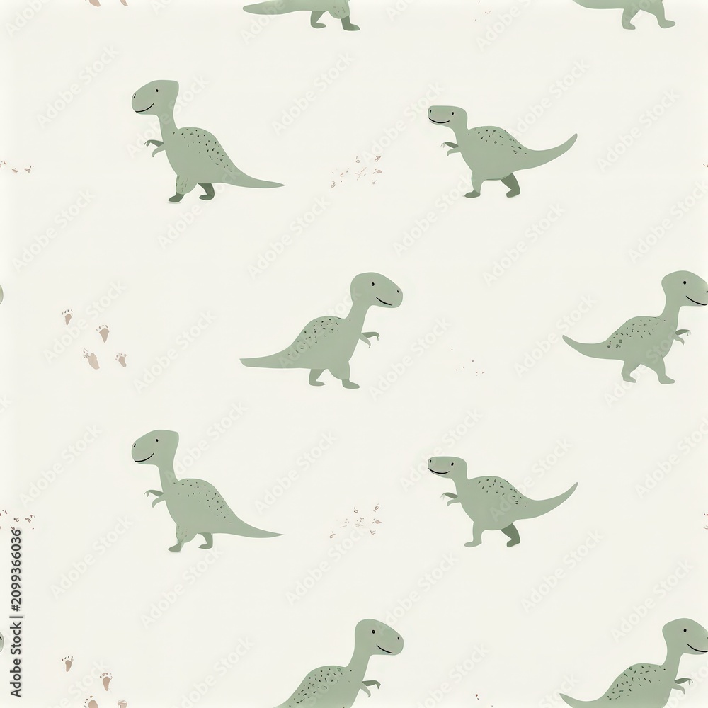 Obraz premium Green dinosaur seamless pattern, playful prehistoric theme, cute children's design, nursery decor, cheerful imagination.