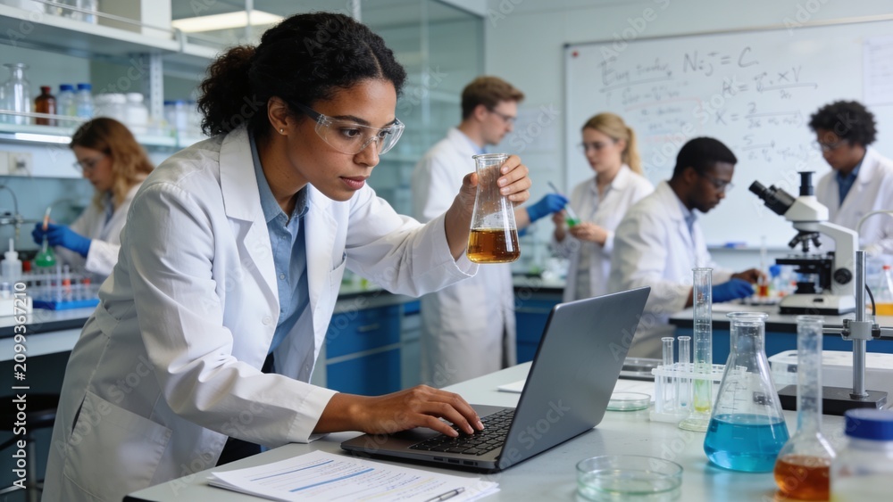 Fototapeta premium Female Scientist Analyzes Liquid in the Beaker and Types Down Observations on Her Computer. She's Working in a Busy Laboratory Full of Scientists Conducting Experiments.