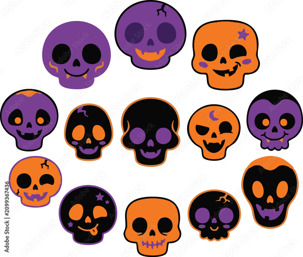 Fototapeta premium Halloween skulls in purple orange and black colors circular layout