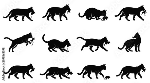 Quadro su tela Black cat silhouettes set showing hunting behaviors and domestic felines catching various prey such as mice, rats, lizards, birds, and frogs on a plain white background