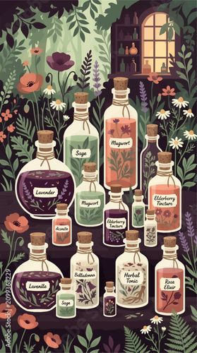 Fotografía Flat Illustration of Antique Glass Bottles Filled with Herbs and Flowers, Cork S