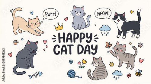 Happy cats celebrating with cute cartoon illustrations for cat day