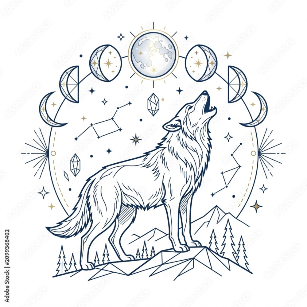 Fototapeta premium Howling wolf under celestial moon phases illustration.