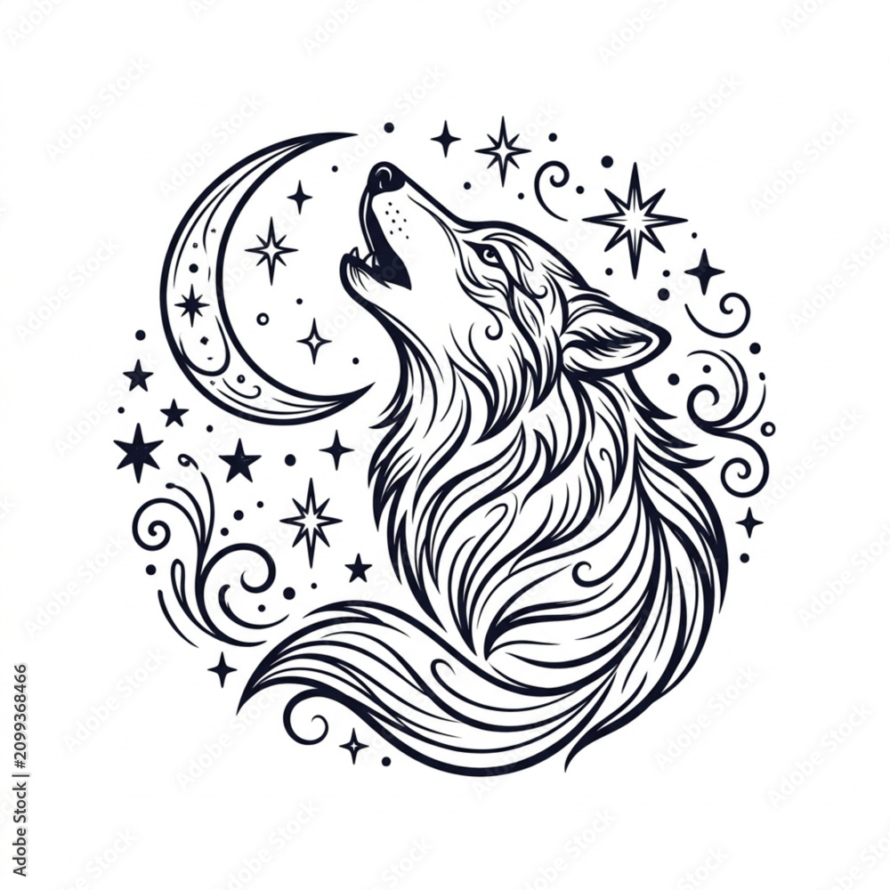 Obraz premium Howling Wolf with Moon and Stars Illustration.