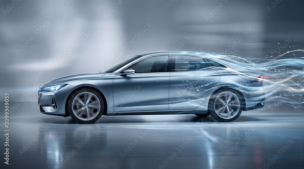 Naklejka premium Modern silver sedan with aerodynamic light trails representing speed, innovation, and futuristic automotive technology