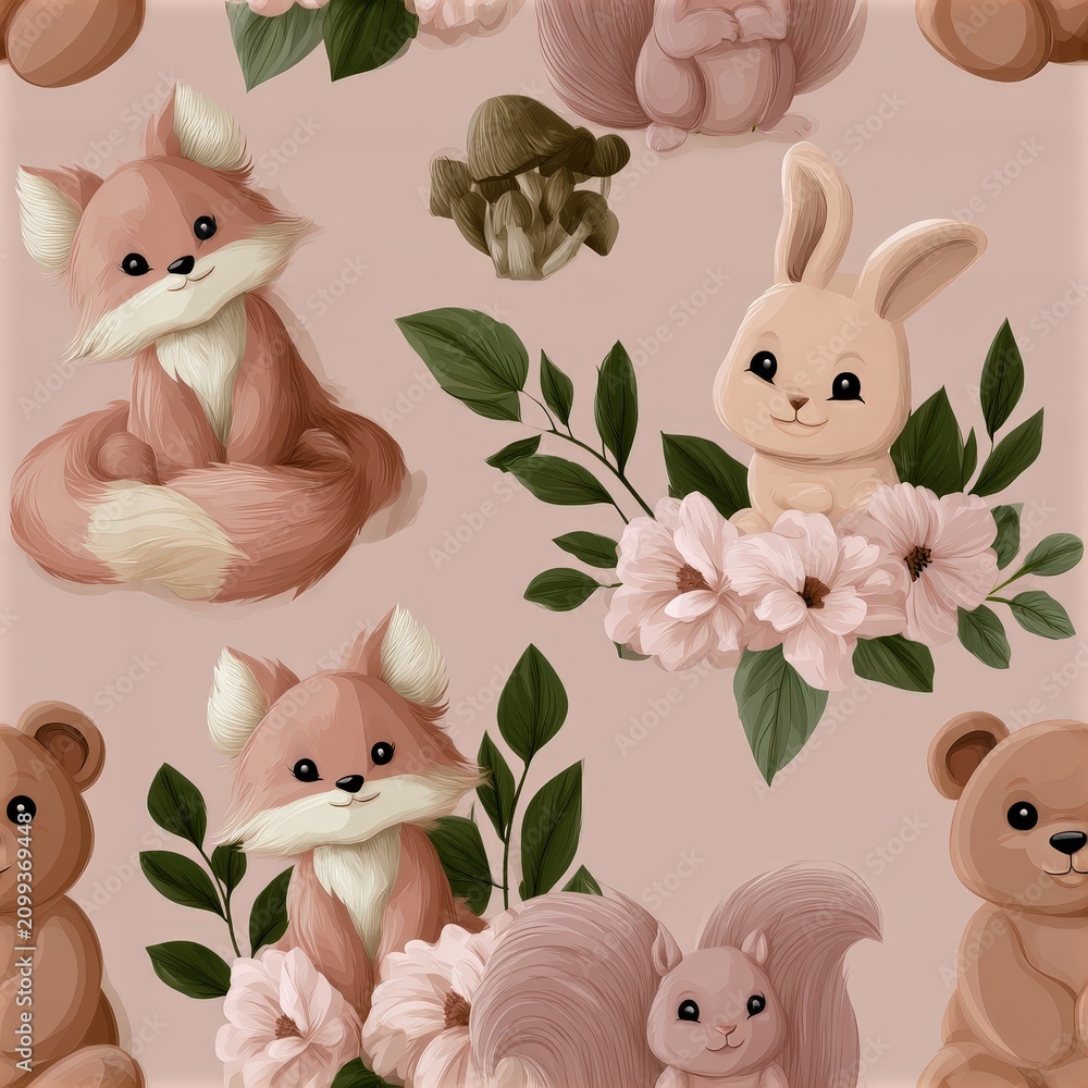 Fototapeta premium Woodland animals seamless pattern with foxes bears and rabbits, autumn forest theme, charming nursery decor, playful illustration.