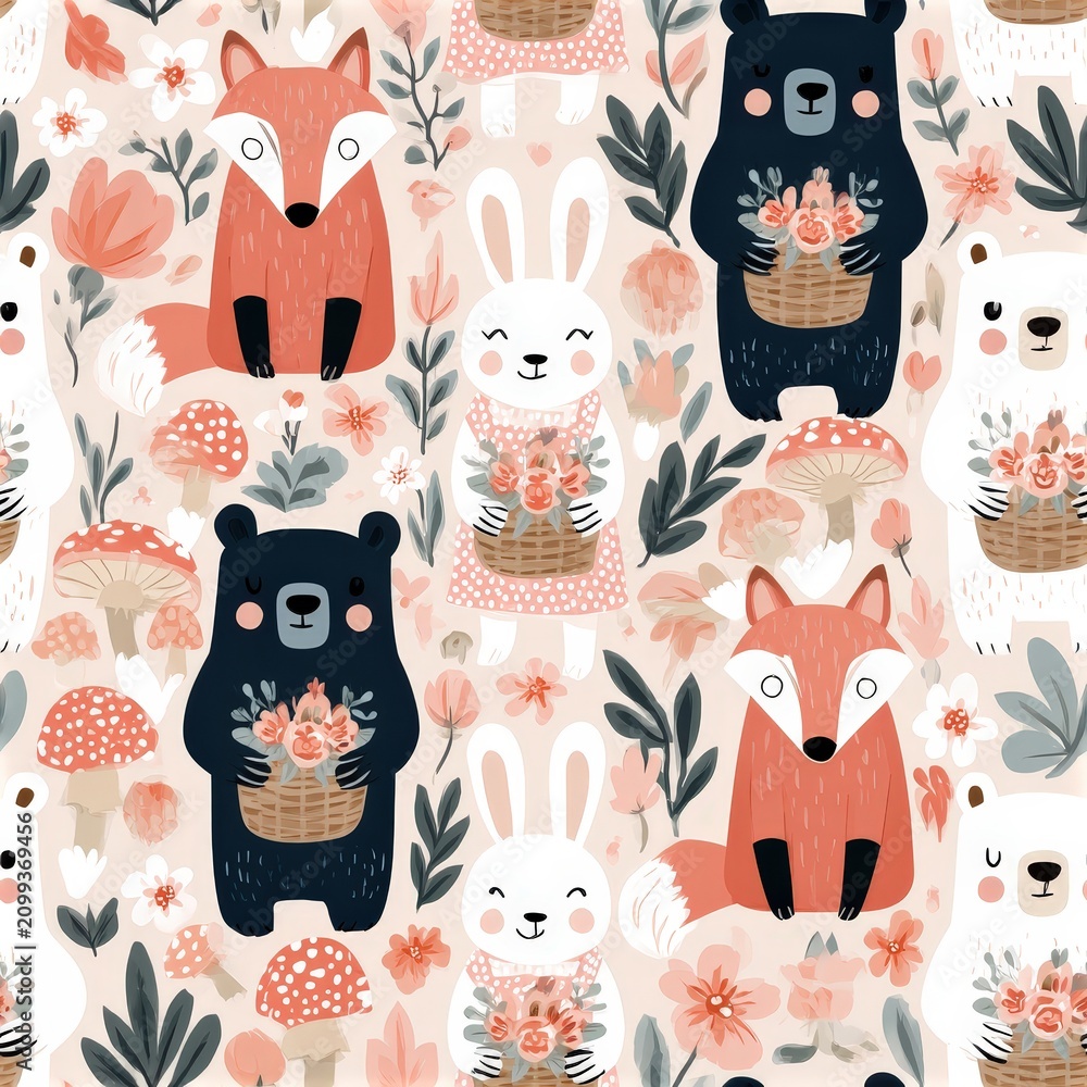 Fototapeta premium Cute fox and bear seamless pattern with flowers and mushrooms, woodland nursery theme, playful forest illustration.