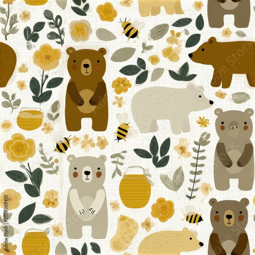 Cute bears with flowers and honey jars seamless pattern, playful woodland nursery theme, adorable wildlife illustration.