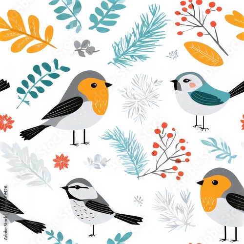 Bullfinch birds and red berries seamless pattern, winter nature theme, elegant wildlife decor, botanical illustration.