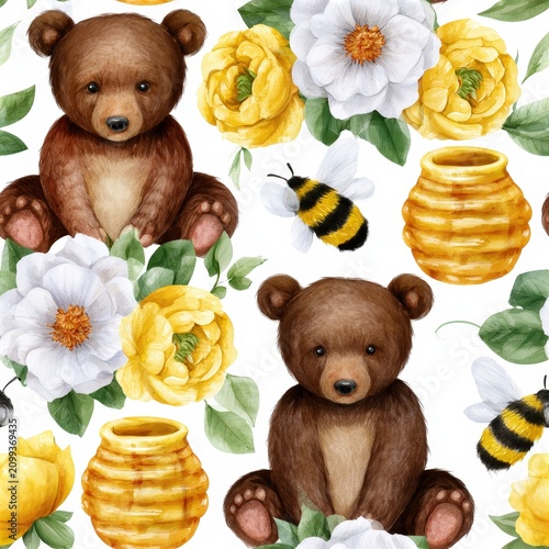 Cute bears with flowers and honey jars seamless pattern, playful woodland nursery theme, adorable wildlife illustration.