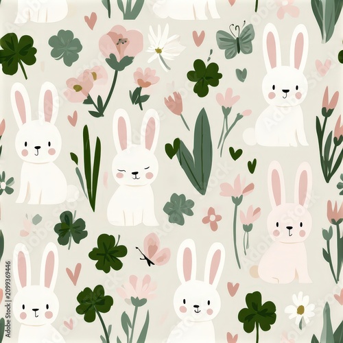 Cute bunny and clover seamless pattern, playful nursery theme, adorable spring illustration, gentle childhood decor.