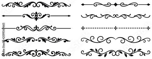 Elegant calligraphic line dividers with floral swirl ornaments for professional document.