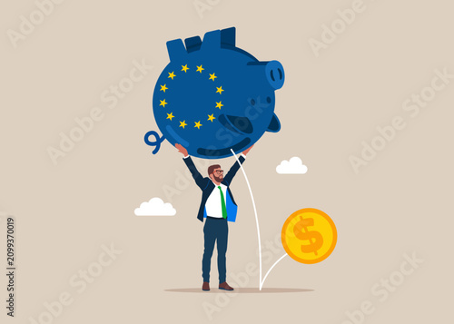 Tableau sur toile Upset Businessman Shaking Empty European Union Flag Piggy Bank with No Money inside
