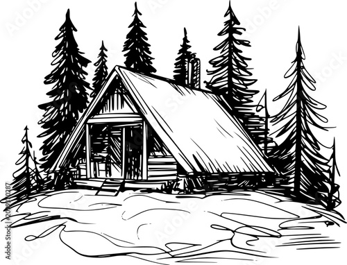 Bilde på lerret 森の中の背の高い松の木に囲まれた居心地の良いAフレームの小屋の白黒の手描き図