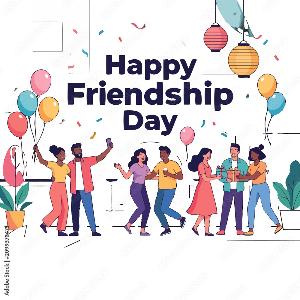 Obraz premium Happy Friendship Day celebration vector, diverse group of friends partying with balloons and confetti, festive social gathering illustration
