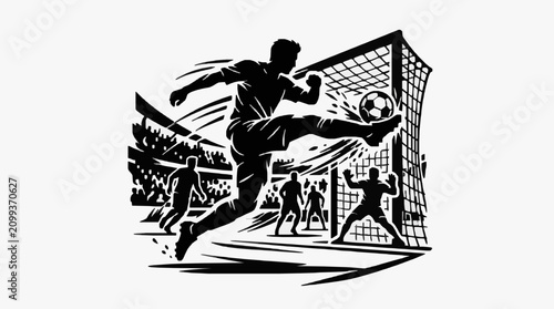 Foto Dynamic soccer player kicking ball in action scene.