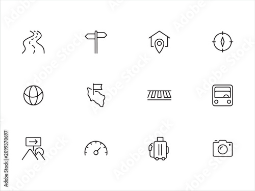 Collection of travel and navigation icons and symbols used for graphic resources
