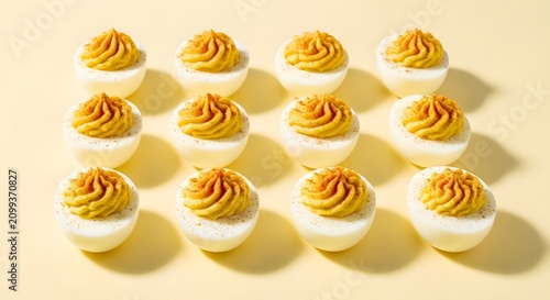 Delicious deviled eggs with paprika garnish arranged in a neat grid on yellow background