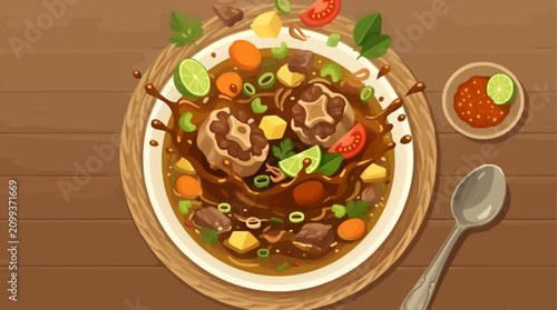 Canvastavla Dynamic Overhead Shot of Oxtail Soup Ingredients Splashing into a Bowl on a Wood