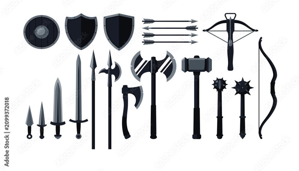 Fotografie Medieval weapon vector set including black shield sword axe spear mace bow cross