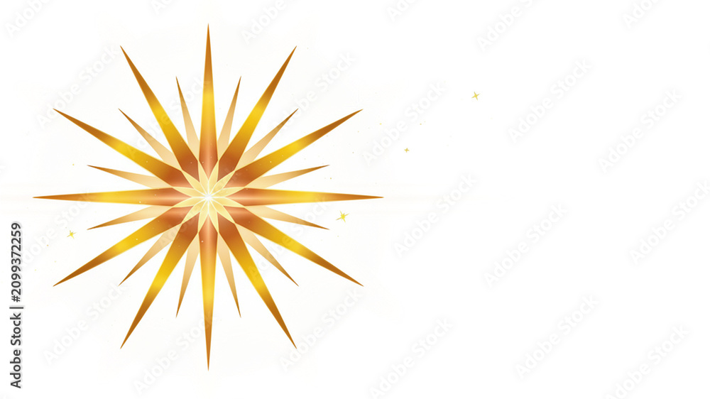 Obraz premium Golden starburst element with glowing light rays, elegant gold star icon on white background, luxury celestial sparkle for holiday design