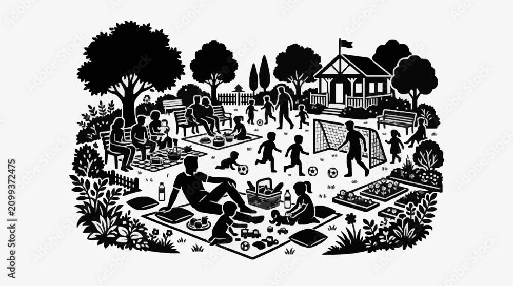 Obraz premium Family picnic scene in black and white illustration.