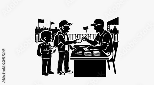 Fotografie Family enjoying hot dogs at a baseball game concession stand.