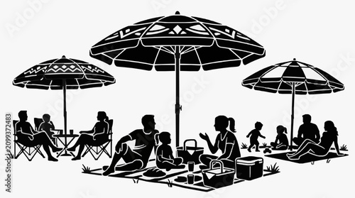 Fotografie Family picnic under patterned umbrellas on the beach.