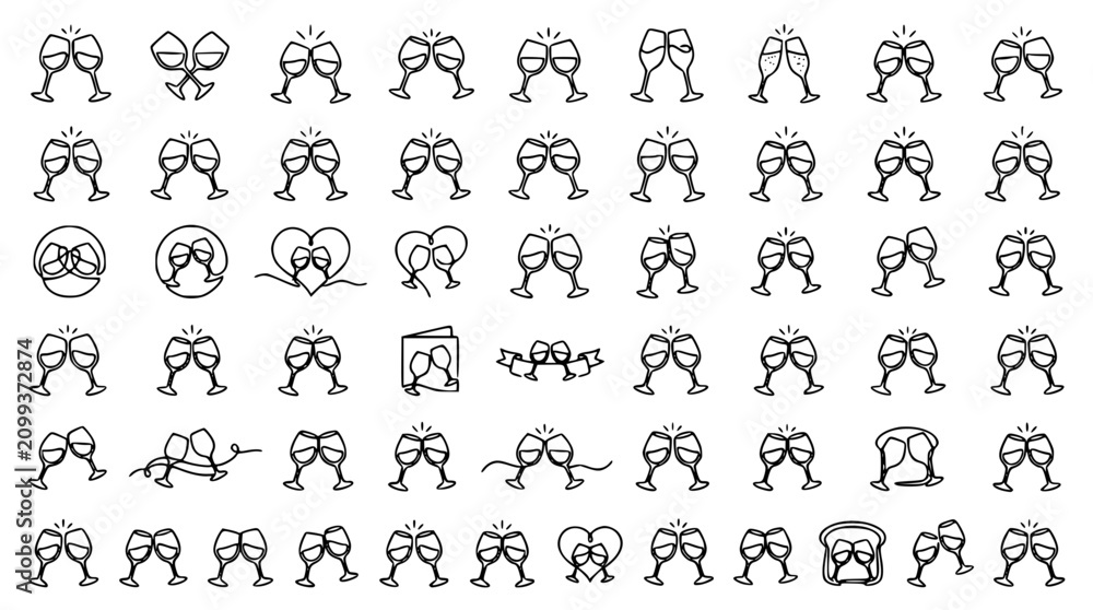 Obraz premium Continuous One Line Wine Cheers Vector Set with Hand Drawn Clinking Glasses Romantic Toast Editable Stroke Collection Isolated on White Background