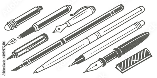 Foto Set of 39 black and white pens, markers, and pencils on white background, tools