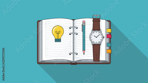 Open planner or diary with a lightbulb, pencil, and watch, symbolizing planning, ideas, time management, and productivity for tasks.