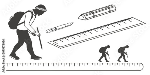Принти на полотні Man erasing pencil marks on white paper with ruler, two children observing erase