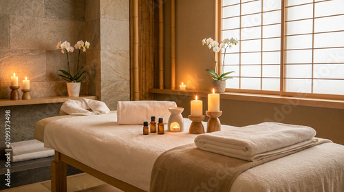 Sala de spa elegante preparada para un tratamiento de masaje con ambiente relajante y decoración minimalista.