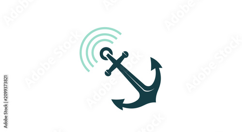Nautical anchor with radio signal wave icon design.