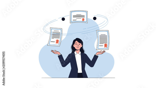 Accomplished businesswoman expertly juggling multiple official documents and certificates, symbolizing multitasking and administrative efficiency.
