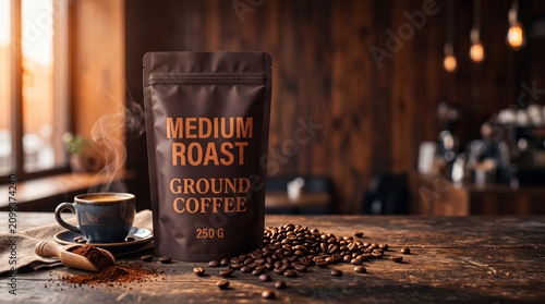 A package of medium roast ground coffee displayed with a steaming cup, roasted beans, and coffee powder on a rustic wooden café table.