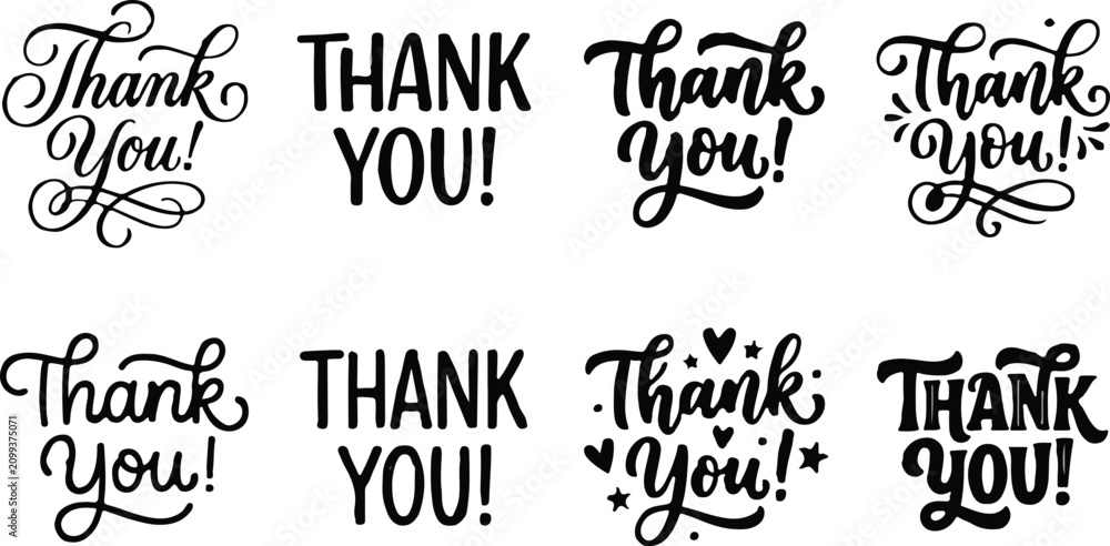Fototapeta premium Icon sat collection diverse 'thank you' calligraphy designs for gratitude appreciation and customer recognition