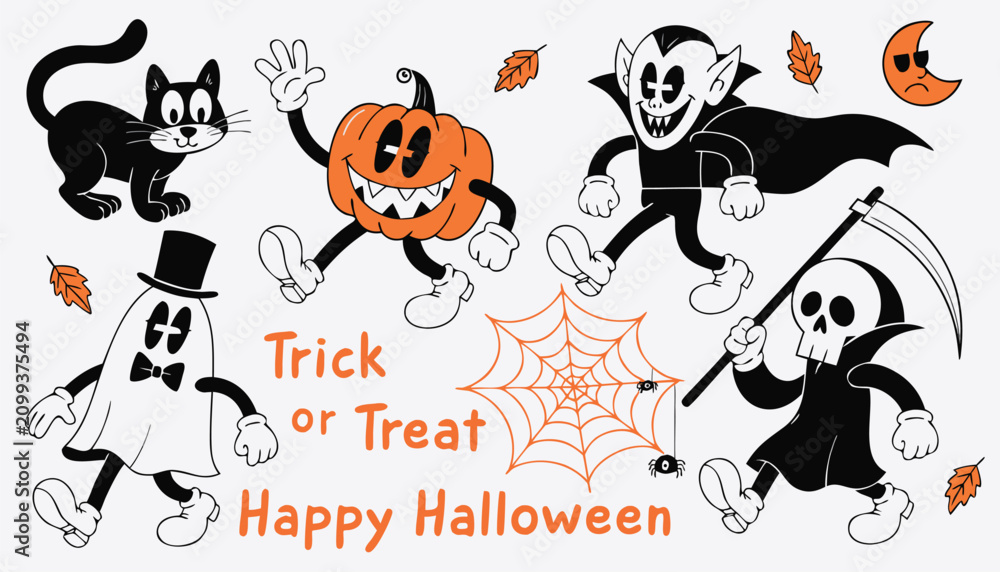 Fototapeta premium Halloween characters and symbols in playful poses on gray background