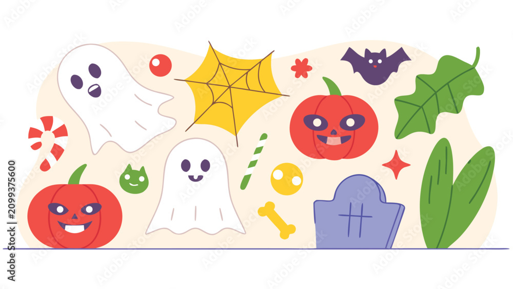 Fototapeta premium Halloween icons including ghosts pumpkins spider web and tombstone on beige background