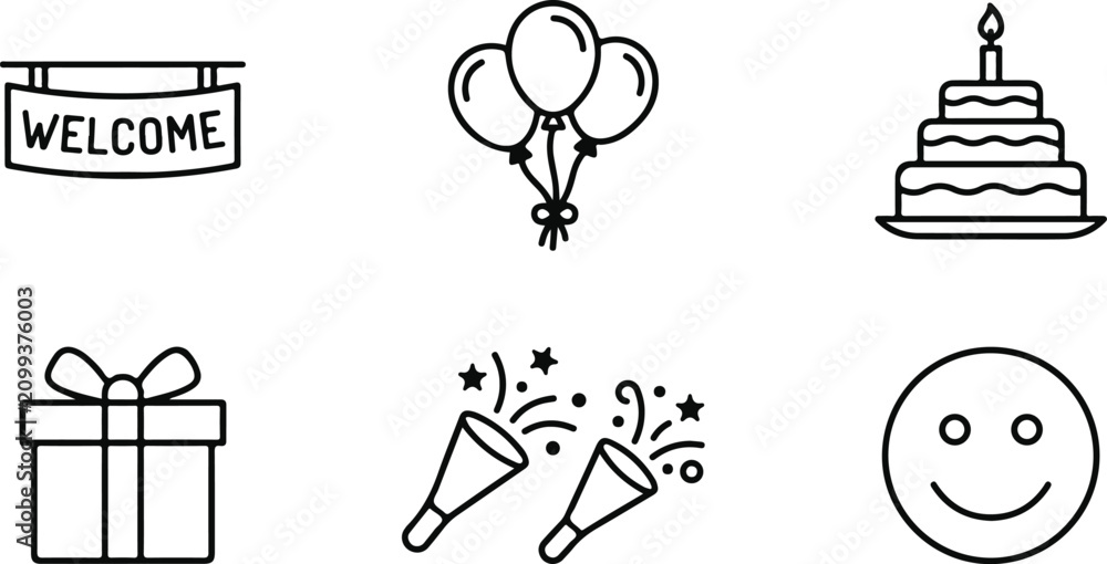 Fototapeta premium Icon sat collection black line party icons welcome banner balloons cake gift poppers smiley face