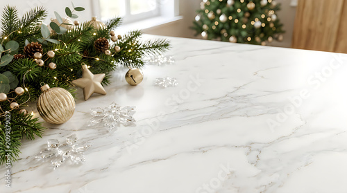 Christmas table decoration with green ornaments and fir tree branches