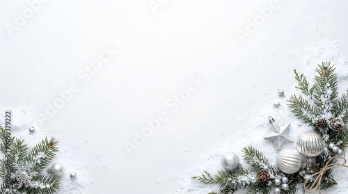 Christmas festive border with pine branches and shiny ornaments