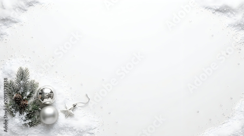 Silver christmas ornaments and pine branches on a snowy winter background