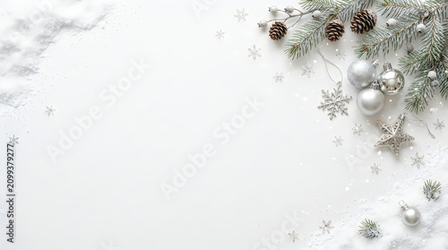 Christmas pine branches with ornaments and pinecones in a festive border
