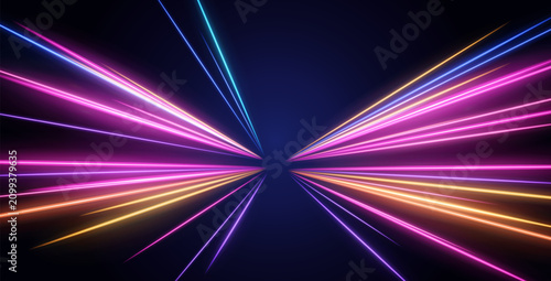 Neon Light Ray Speed Motion Background With Pink Blue Cyan And Orange Trails In Perspective
